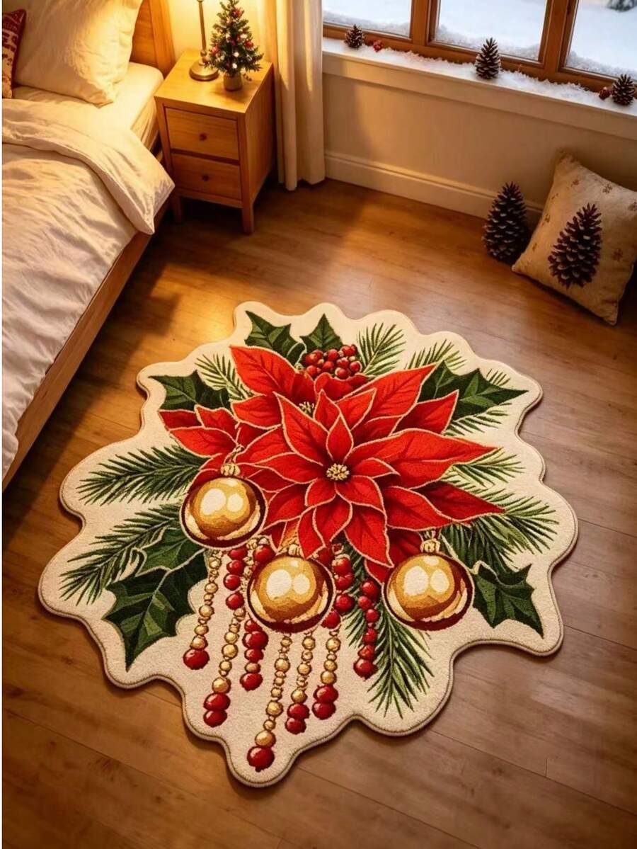 1pc White Background Red Flower Christmas Ornament Shaped Rug, Christmas, Doormat, Small Rug, Welcome Mat, Carpet, Floor Mat, Outdoor Doormat, Kitchen Rug, Home Decor, Front Door Mat, Area Rug, Outdoor Mat, Home Decor, Area Carpet, Garden Rug, Washable Rug - Multicolor - View 1