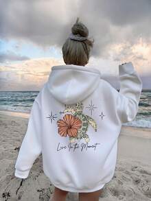 Women's Pullover Sweatshirt, Turtle & Floral Back Print, Loose Drop Shoulder Casual Sports Sweatshirt - White - View 5