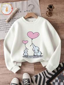 Kids Crew Neck Sweatshirt,Cartoon Elephant Heart Balloon Graphic Print Cotton Pullover For Kids - White - View 4
