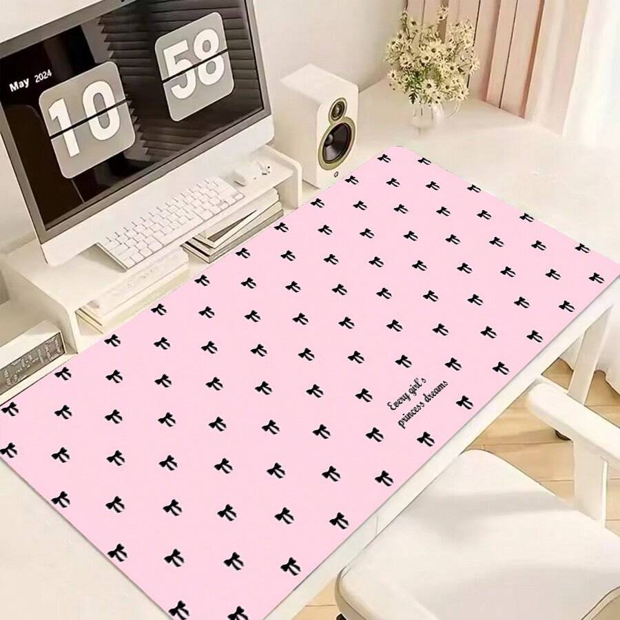 Leather Office Desk Pad Protector, Korean Ins Style Cute Pink Full-Screen Bow Pattern Mouse Pad, Waterproof Anti-Slip PU Gaming Desk Mat For E-Sports Players - View 1