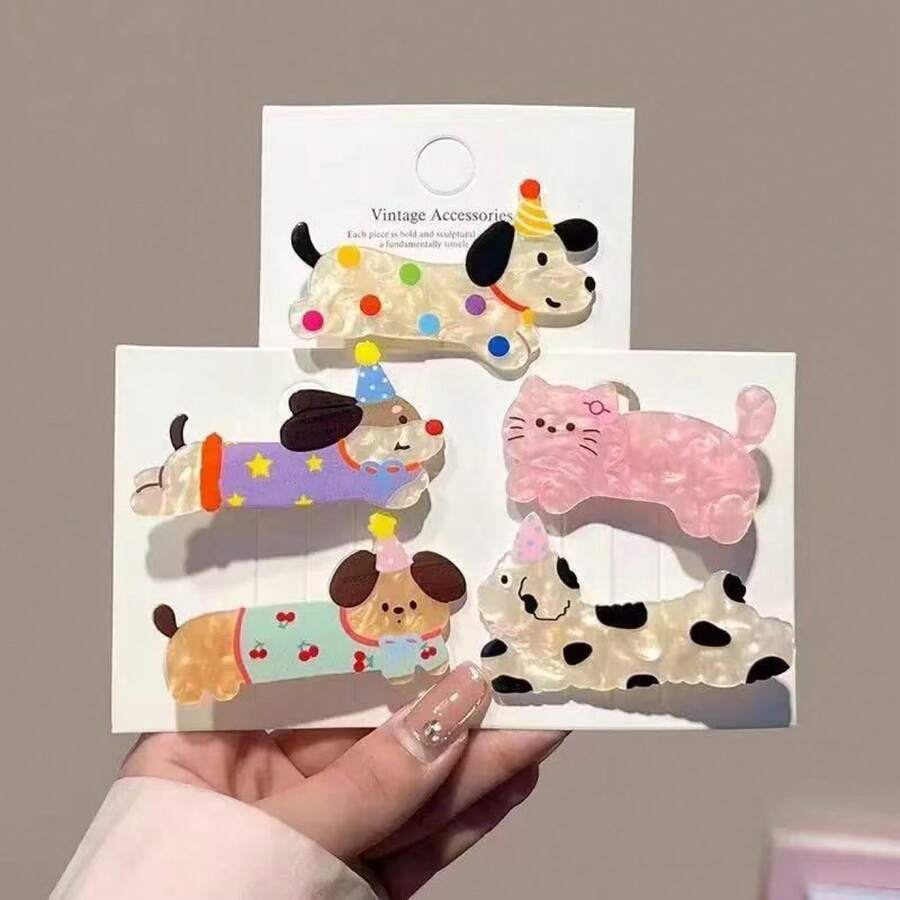 5pcs Cute Cartoon Hair Clips Set, Featuring Dog And Cat Patterns, Perfect For Girls To Fix Side Bangs With Alligator Clips. School Supplies, Hair Accessories