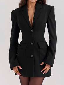 Elegant Women's Black Woven Short Jacket, Pointed Collar Long Sleeve, Button Front Jacket With Pockets, Winter Outfit Essential - Black - View 1