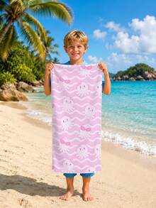 1pc Cartoon Pink Octopus Wave Pattern Children's Beach Towel, Super Soft Microfiber Extra Large Beach Blanket, Super Absorbent Bath Towel, Suitable For Travel, Swimming Pool, Diving, Surfing, Yoga, Camping, Available In Multiple Sizes, Beach Accessories - Multicolor - View 10