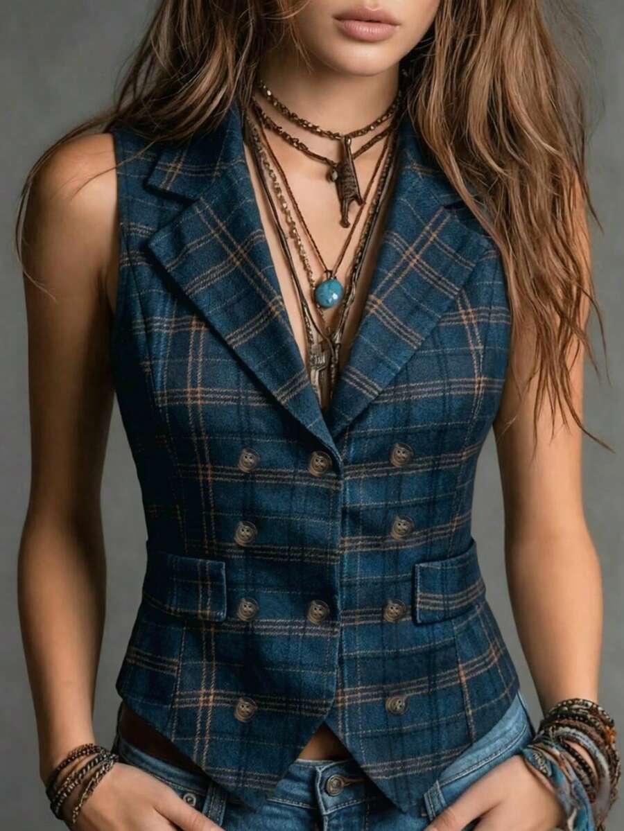 Women's Vintage Plaid Double Breasted Vest For Autumn Winter Sleeveless Lapel Jacket Fall Casual Western Going Out Tops