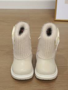 1 Pair Baby Girl Bow Decor Fuzzy Fleece Lined Warm Comfortable Flat Short Boots Snow Boots For Autumn Winter - Beige - View 2