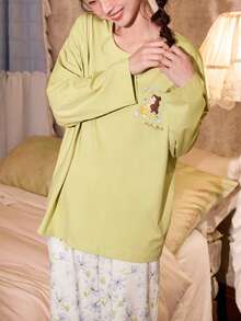 2pcs Women's Pajama Set, Autumn Green Soft Cotton Loungewear With Pockets - Green - View 3