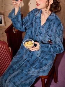 Gongdie 2pcs Disney Mickey Women's Flannel Pajama Set, Winter Blue Thick Soft Loungewear With Tassels And Pockets - Blue - View 6
