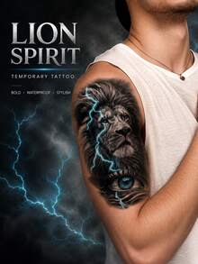 Lion Spirit Temporary Tattoo For Men, Black Lion & Blue Eye Lightning Tattoo Sticker, Waterproof Fierce Animal Body Art For Forearm, Arm, Parties, Festivals, Cosplay & Everyday Style - Multicolor - View 3