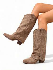 Tropiscape Khaki Pleated Rivet Decor Slip-On Ankle Boots, Chunky Heel Square Toe, European And American Bohemian Style Mid-Calf Boots For Women - Khaki - View 1