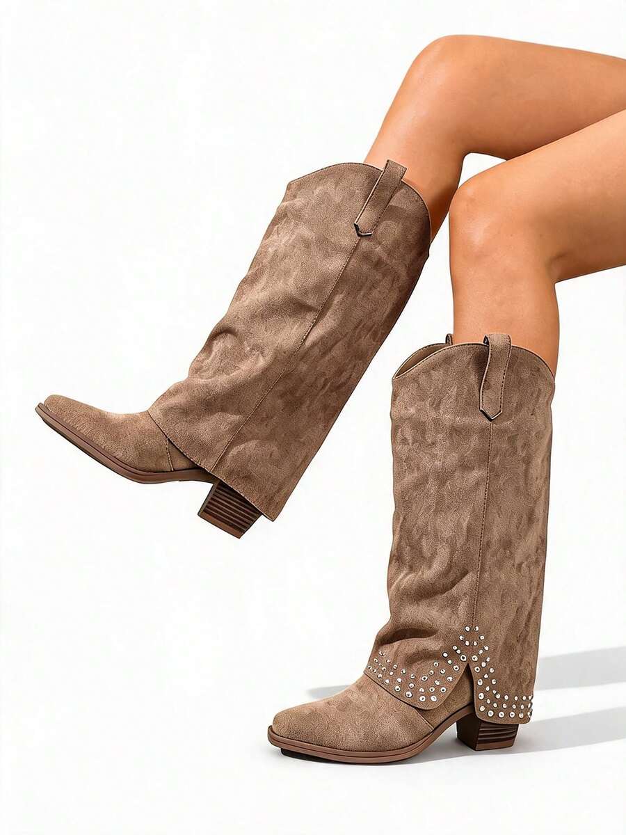 Tropiscape Khaki Pleated Rivet Decor Slip-On Ankle Boots, Chunky Heel Square Toe, European And American Bohemian Style Mid-Calf Boots For Women - Khaki - View 1