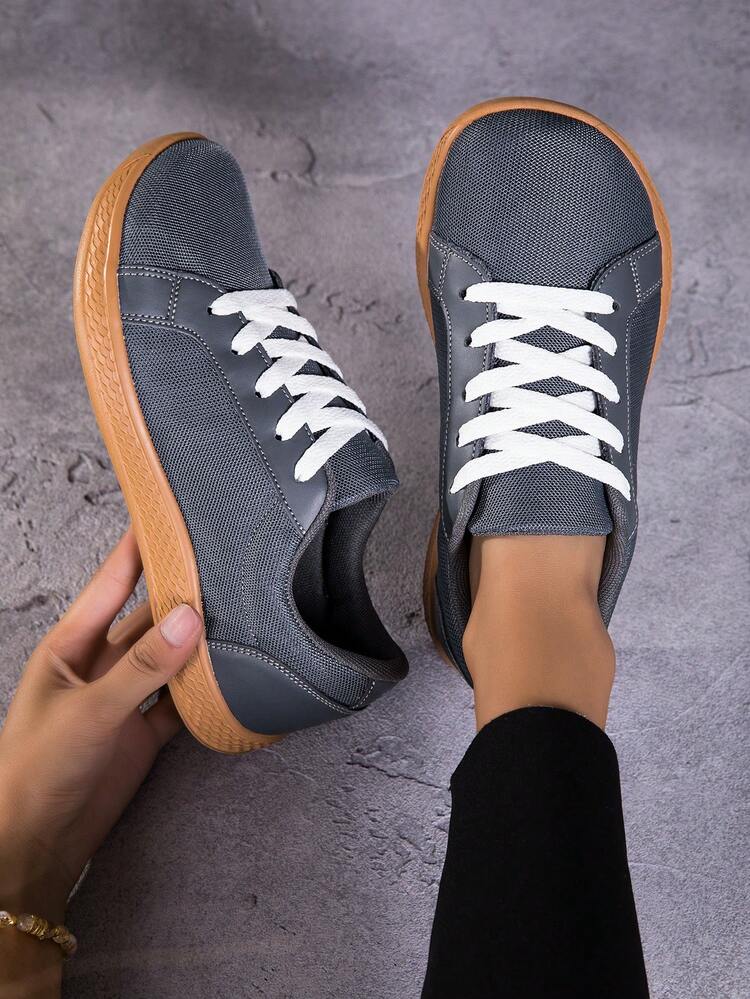 Women's Casual Sports Shoes, Solid Color Artificial PU Leather & Fabric Patchwork, Front Lace-Up, Suitable For Outdoor Sports, Casual, Versatile, Commuting - Dark Grey - View 4