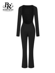 BADDIE REALM Women's Black Knit Backless Long Sleeve Jumpsuit, Round Neck Slim Fit Jumpsuit, Medium Stretch Fabric - Black - View 8