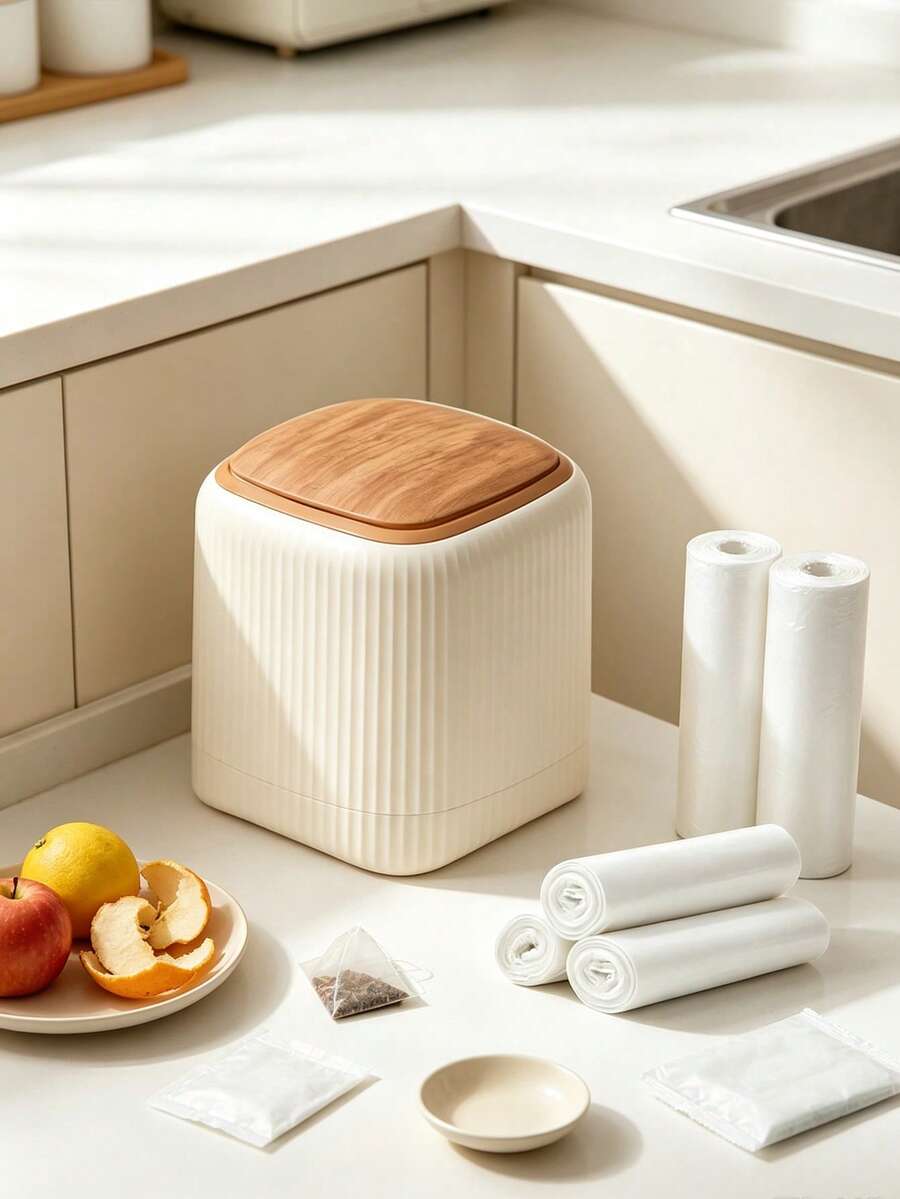 Mini Desktop Trash Can With Press-Type Lid, Faux Wood Grain Design, Home Waste Paper Bin, Includes 3 Rolls Of 60 Garbage Bags, Suitable For Coffee Table, Office, Living Room, Study, Bedroom Vanity