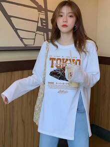 Women's American Vintage Tokyo Racing Car Print Long Sleeve T-Shirt, Loose Fit Side Slit, Street Style Oversize Top Casual - White - View 3