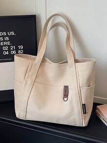 Minimalist Large Capacity Multi-Pocket Solid Color Tote Bag Shoulder Bag Big Pouch Suitable For Travel, Shopping, Vacation, Can Hold Laptop, Textbooks, Clothes - Beige - View 3