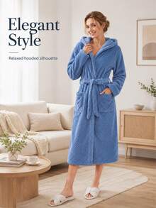 Coral Fleece Long Bathrobe For Women, Multi-Color Optional, With Hat Belt And Pocket, Fluffy, Soft And Warm, Unisex Bath Towel Bathrobe - Multicolor - View 2