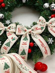 1pc "Merry Christmas" Themed Decorative Ribbon-Featuring Patterns Of Christmas Trees, Red Berries, And Stars; Suitable For Gift Wrapping, Decorating Cakes And Bouquets, Wreath Making, New Year's Parties, Christmas Dinners, And More. - One Size Fits All - View 9