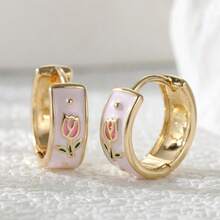 A Pair Of Vintage Enamel Earrings With Pink Tulip Pattern - Gold - View 3