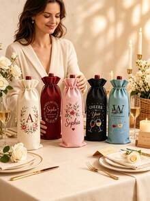 1pc Customizable Drawstring Wine Bag, Linen Wine Bottle Gift Bag, Can Print Name/Logo, Suitable For Wedding, Birthday, Christmas And Corporate Gifts - Multicolor - View 6