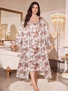 Elegant Vintage Floral Print Plus Size 2-Piece Set, Satin Contrast Trim Buttonless Cardigan + Camisole Dress - Apricot - View 1