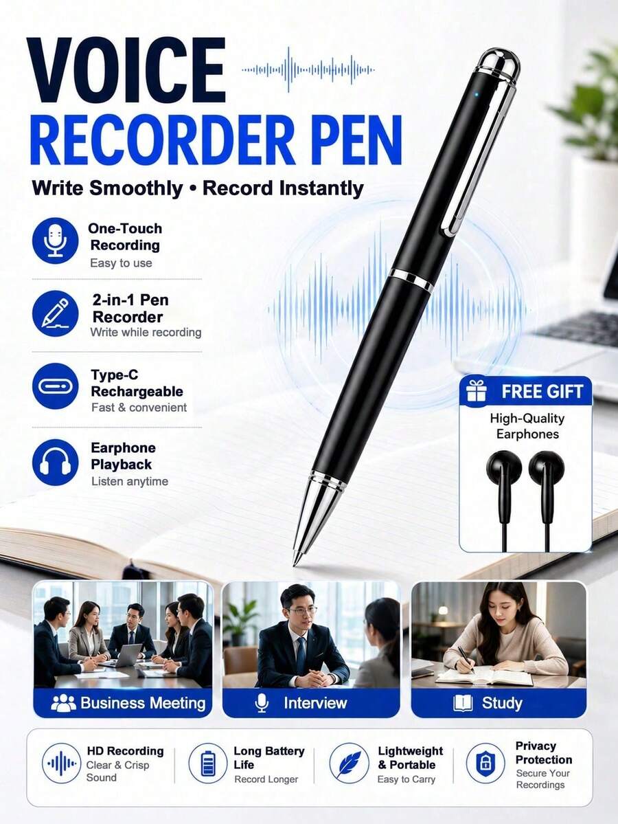 Smart Pen-Shaped Voice Recorder, Professional Noise Reduction, Portable USB Charging MP3 Player, Mini Voice Recorder, Professional Recording Equipment, Built-In Voice Control, Supports Segmented Recording, One-Click Recording Operation. Compact And Exquisite Design, Suitable For Students, Teachers And Journalists. - View 1