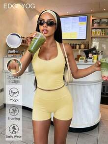 EDGEYOG Women's Yellow Casual Fitted Sexy Camisole Tank Top With Padded Cups And High-Waist Shorts 2 Pieces Set, Suitable For Fitness, Yoga, Sports, Running, Pilates, Cycling, Jogging - Light Yellow - View 1