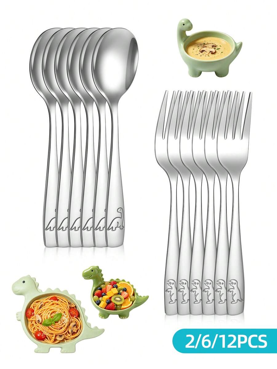Set Garpu dan Sendok Stainless Steel 2/6/12 Buah dengan Gagang Berukir Dinosaurus, Peralatan Makan Logam yang Dapat Digunakan Kembali, Peralatan Makan dengan Pola Lucu untuk Santapan Sehari-hari di Rumah Tangga - - - View 1