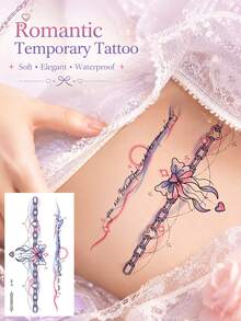 3 Sheets Romantic Bow & Heart Chain Temporary Tattoo For Women, Pastel Ribbon Bracelet Tattoo Sticker With Love Quote, Waterproof Long-Lasting Body Art For Thigh, Waist, Arm, Parties, Festivals & Everyday Style - Multicolor - View 9