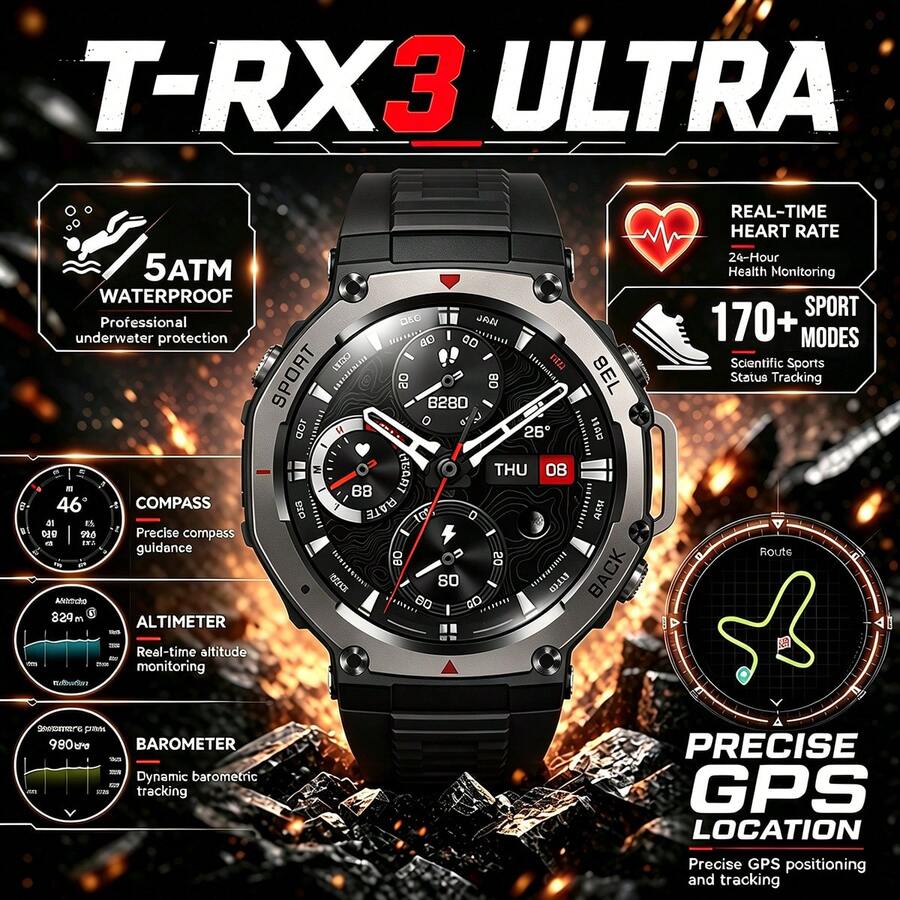FFYTIEAZ Heavy Duty GPS Outdoor Sports Smart Watch T-RX 3 Ultra, Durable, 1.43" Ultra-Clear AMOLED Touch Screen, L1+L5 Dual-Band Positioning Support Wireless Calling And Compass Function, Altimeter Barometer, 5ATM Waterproof Watch, 170+ Sports Modes, Fitness Tracker, High-Quality Anti-Scratch Anti-Drop Watch, Compatible With IOS/Android, 500mAh Battery Capacity, Best Holiday Gift - View 1