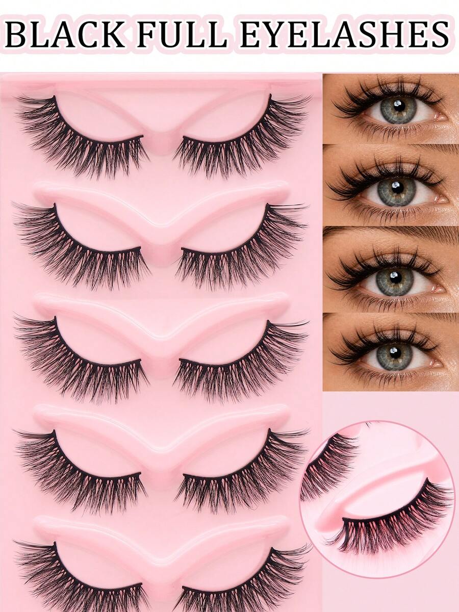 5 Pairs Full Strip False Eyelashes, Soft Lightweight Natural Fluffy Style, Thin Non-Pressing On Eyes, Easy To Apply For Beginners, Reusable, Suitable For Daily Commute And Light Makeup - Black - View 1