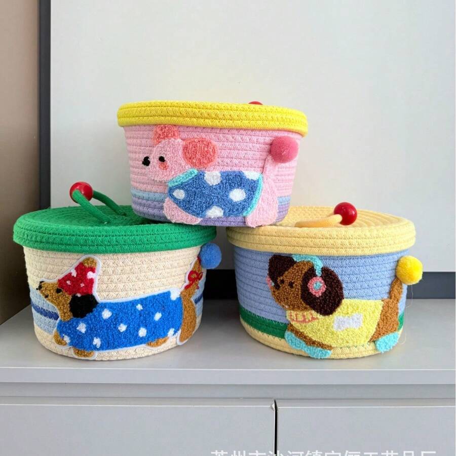 Giỏ đựng đồ hoạt hình dễ thương có nắp dây thừng cotton, hộp quà đan tay đựng đồ ăn nhẹ và đồ chơi - Xem 1