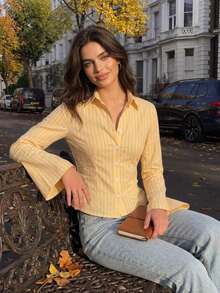 Women's Yellow Striped Front Placket Shirt, Flared Long Sleeves, Classic Pointed Collar Top, Polyester Fabric, Preppy Autumn Outfit - Light Yellow - View 2