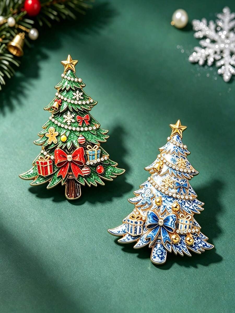 Christmas Tree Rhinestone Brooch, Gingerbread Man & Colorful Ball Gift Box Pin, Suitable For Suit, Sweater, Coat, Hat, Christmas Exchange Gift, Winter Holiday Accessory, Heartwarming Holiday Gift For Friends And Family - Multicolor - View 1