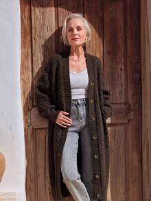 NZZOF Women's Solid Color V-Neck Long Knit Cardigan Single-Breasted Casual Loose Sweater Jacket - Coffee Brown - View 6