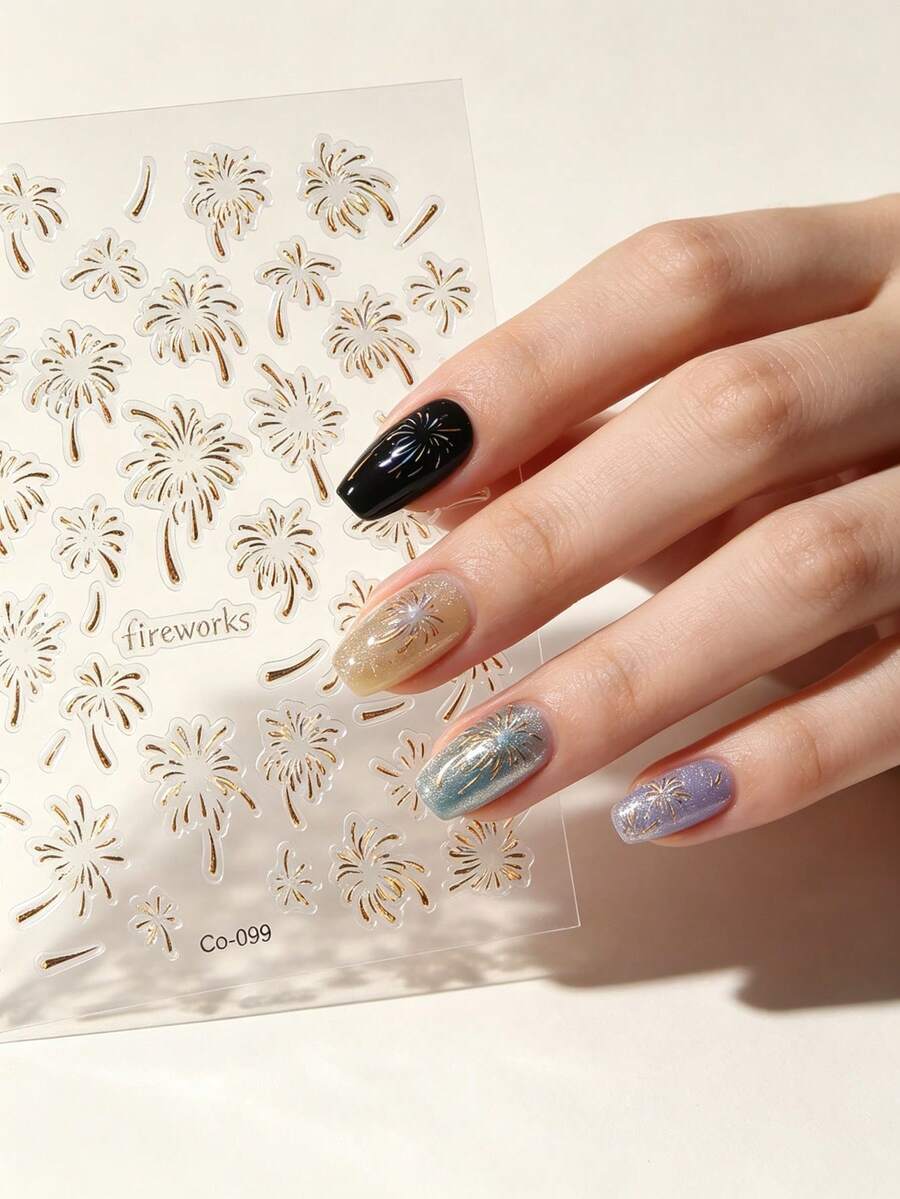 1 Sheet 3D Embossed Gold Foil Fireworks Nail Stickers Cat Eye Holographic Laser Glitter Fall Winter Nail Art Decorations - Multicolor - View 1