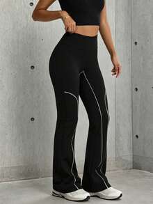 Hidkat Women's Solid Color High Waist Elastic Yoga Casual Sports Knit Long Pants - Black - View 5