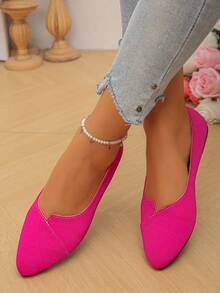 Wide Fit Pointed Toe Slip-On Women's Wide Last Flat Shoes Elegant Spring Summer Autumn Daily Wear Commute Rose Red Ballet Flats - Hot Pink - View 2