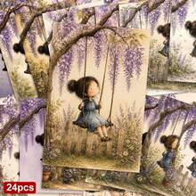 24pcs + 1 Red Envelope Dreamy Spring Floral Postcard Set, Girl Swinging Under Wisteria Illustration, With "Springtime Joy" Text, Romantic Garden Theme - Sets - View 11