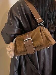Women's Vintage Maillard Style Baguette Shoulder Bag With Metal Buckle Decor, Free Doll Charm, Dual-Use Handheld And Underarm, Multi-Layer Compartment Storage, Magnetic Flap Closure, Retro Commuter Bag For Students, Classes And Travel - Brown - View 5