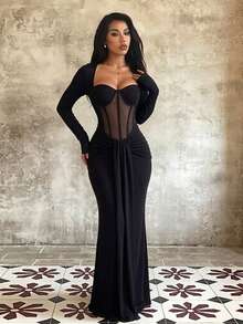1pc Solid Color Elegant Knitted Fabric Dress For Wedding Autumn - Black - View 1