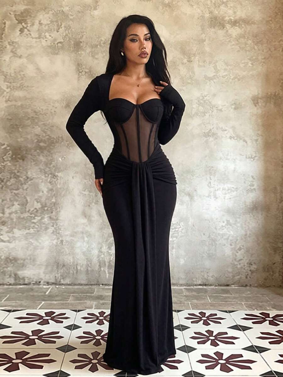 1pc Solid Color Elegant Knitted Fabric Dress For Wedding Autumn - Black - View 1