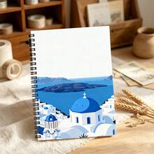 1pc Santorini Island Architecture Pattern Spiral Notebook, Fresh And Healing Student Check-In Memo Notebook, Perfect For Office, School Or As A Gift For Friends And Family, Teacher Appreciation Gift, Daily Planner, Back To School Essential - A - View 1