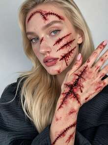 4pcs Halloween Temporary Scar Tattoos, Fake Halloween Scars, Fake Tattoos For Stitched Wounds, Waterproof Tattoo Stickers, Perfect For Costume Parties And Pranks. - Red - View 3