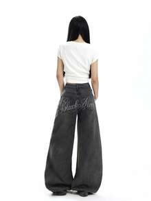 1pc American Street Fashion Women Rhinestone Denim Jeans Loose Comfortable Wide Leg Pants All Season Versatile Denim Long Pants (This Product Does Not Include Belt/Accessories) - Black - View 9