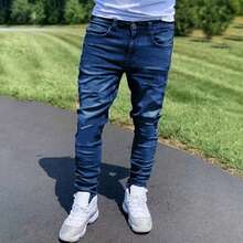 1件 YK2 大尺碼男士修身緊身牛仔褲街頭風 - 深色水洗藍 - 查看 1