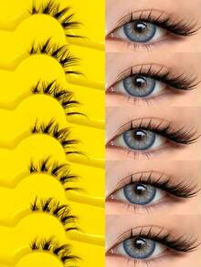 Sibeuna 7 Pairs Half-Length False Eyelashes, Cartoon Lash Effect, Fox Eye/Cat Eye Natural Criss-Cross Style, Elongated Tail Eye Shape, Transparent Stem, Suitable For Autumn Daily And Party Wear - Black - View 1
