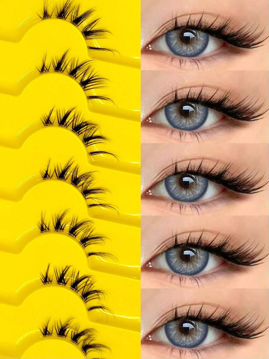 Sibeuna 7 Pairs Half-Length False Eyelashes, Cartoon Lash Effect, Fox Eye/Cat Eye Natural Criss-Cross Style, Elongated Tail Eye Shape, Transparent Stem, Suitable For Autumn Daily And Party Wear - Black - View 1