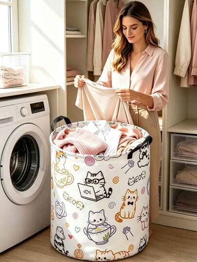 Cute Cat Floral Fabric Storage Basket, Fine Mesh Laundry Bag For Washing Clothes, Underwear, Bras, Protective Wash Bag, Mesh Bag For Washing Machine, With Dual Black Handles, Large Capacity Foldable Design, Durable And Wear-Resistant Fabric Material, Easy To Store And Organize, Can Store Dirty Clothes, Dolls, Miscellaneous Items And Household Sundries, Suitable For Bedroom, Dormitory, Rental Home Scenarios, Suitable For Home Residents, Student Groups, Simple And Cute Appearance, Beautiful Placement, Practical Home Storage Item For Washing Machine