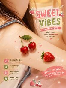 Cute 3D Fruit Temporary Tattoos For Women, Cherry & Grape Tattoo Stickers, Realistic Colorful Waterproof Body Art For Arms, Wrists, Summer Parties, Festivals, Vacations & Everyday Style - Multicolor - View 3