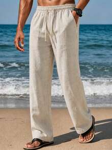 Celana Gaya Santai Musim Panas! Celana Panjang Kasual Pria Model Lurus, Lebar, dan Bernapas dari Linen - Aprikot - View 4
